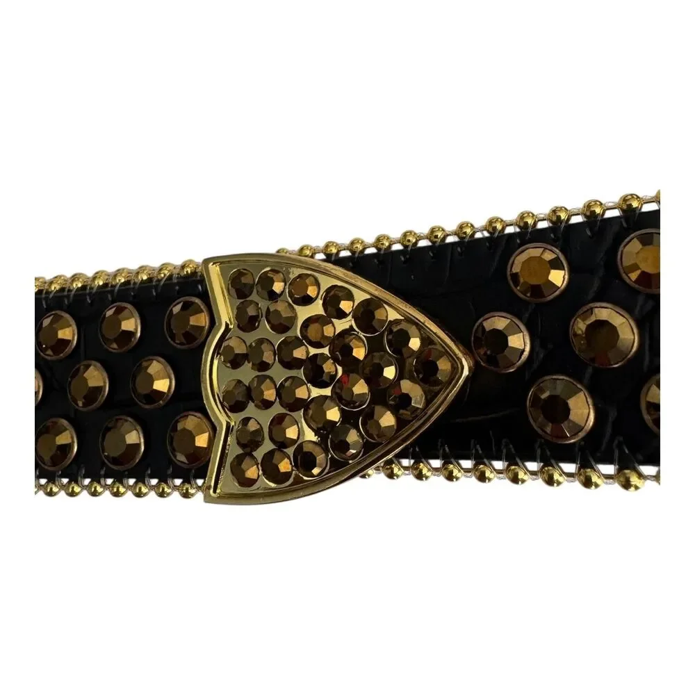 Studded Western Rhinestone Belt‎ Black Strap Gold Rhinestones Unisex XL 37